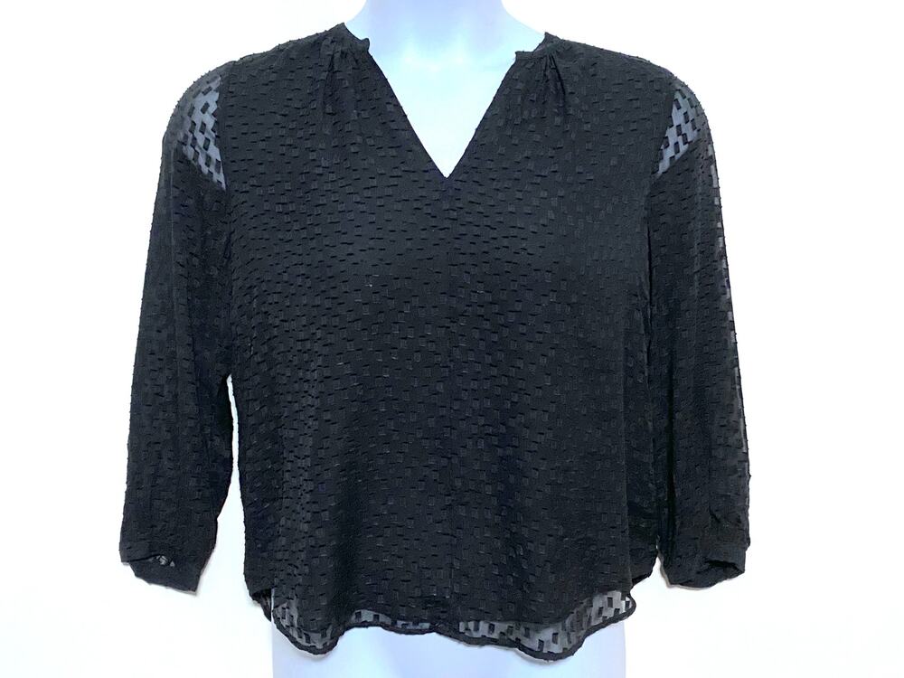 J.Crew Silk Blend Clip Dot Split Neck Blouse Womens 8P Black Sheer Workwear